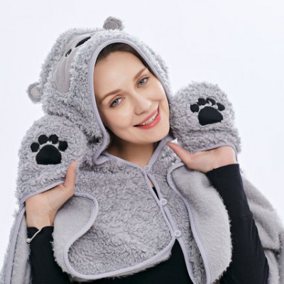 Thickened Double Teddy Fleece Cute  Ear Cloak Women Wearable Hooded Blanket